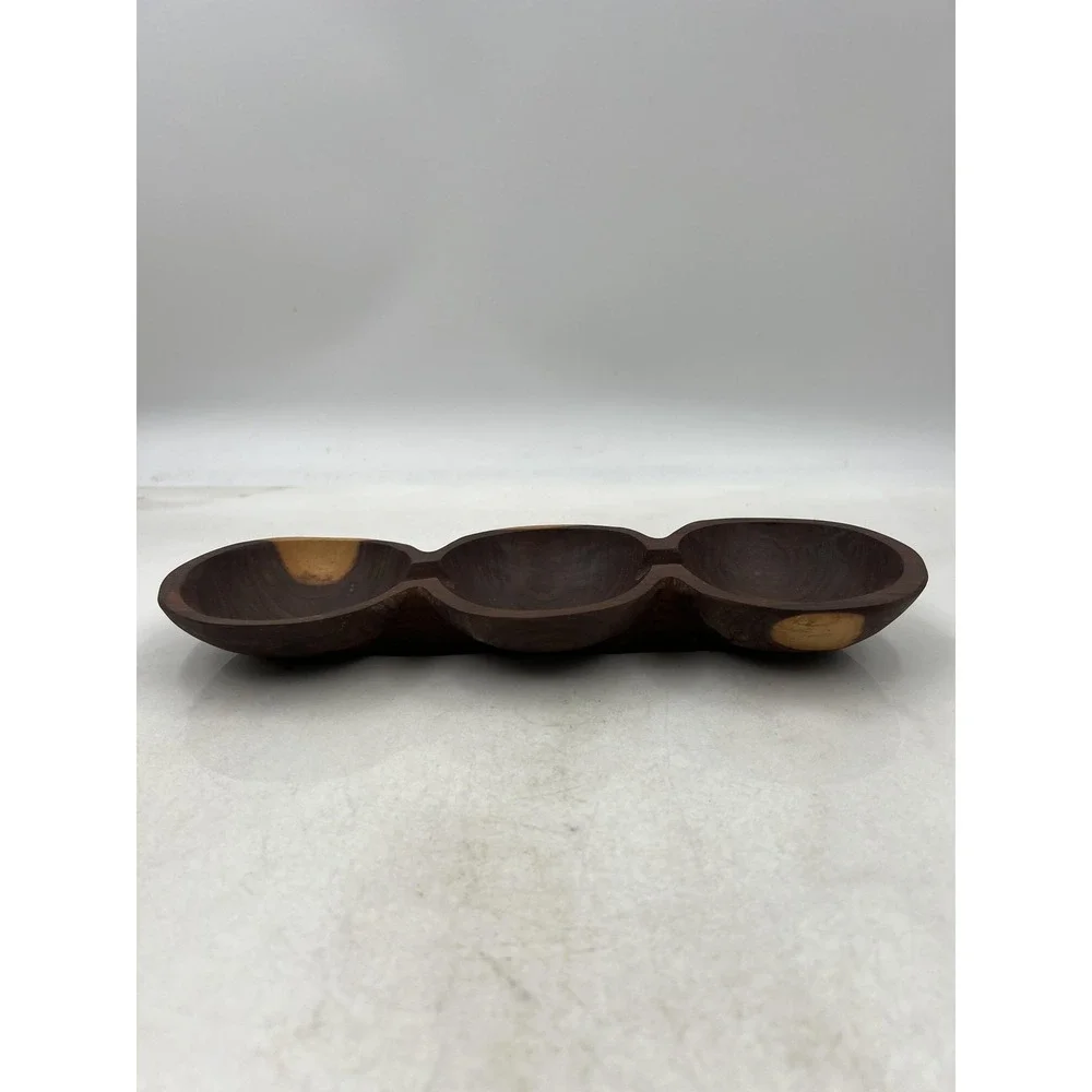 VTG Wooden Serving Tray Nut Dish Hand Carved 3 Section Live Edge Dark Wood